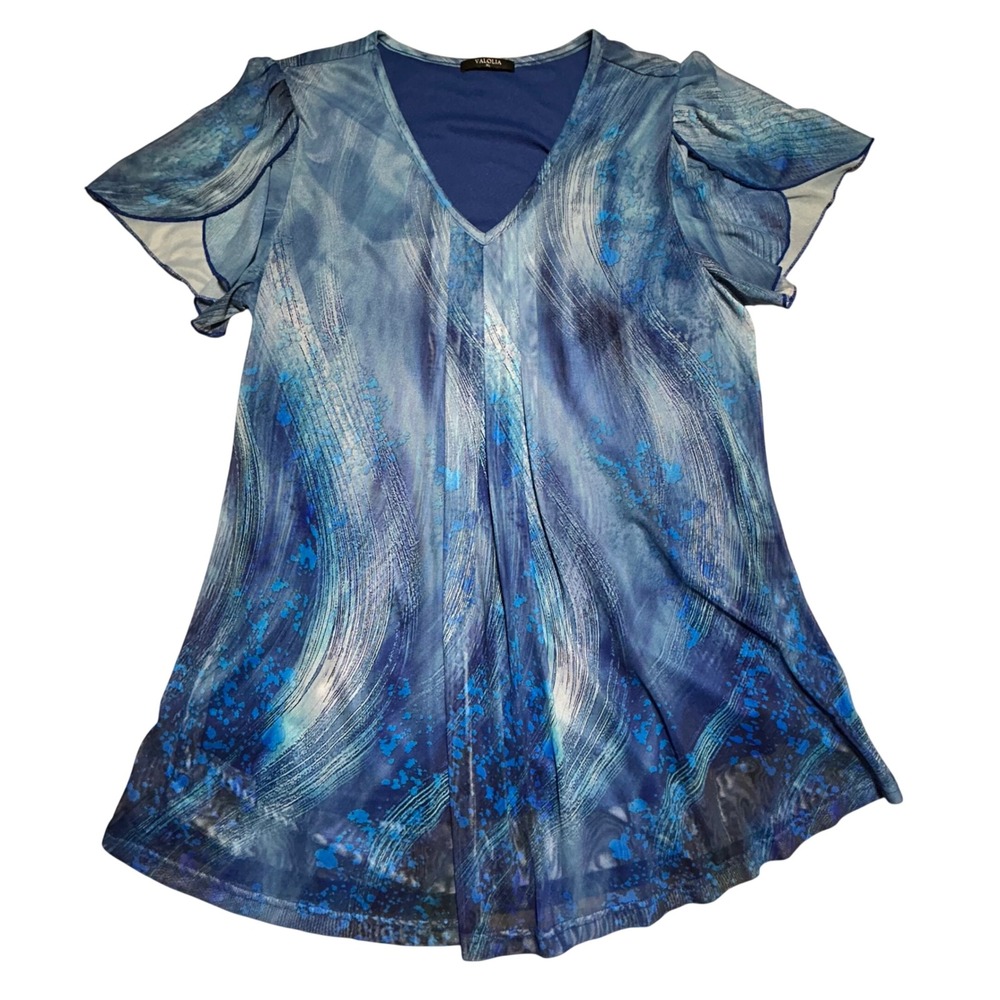 Valolia Blue Abstract Print Mesh Layered Tunic Top V-Neck Flutter Sleeve XL